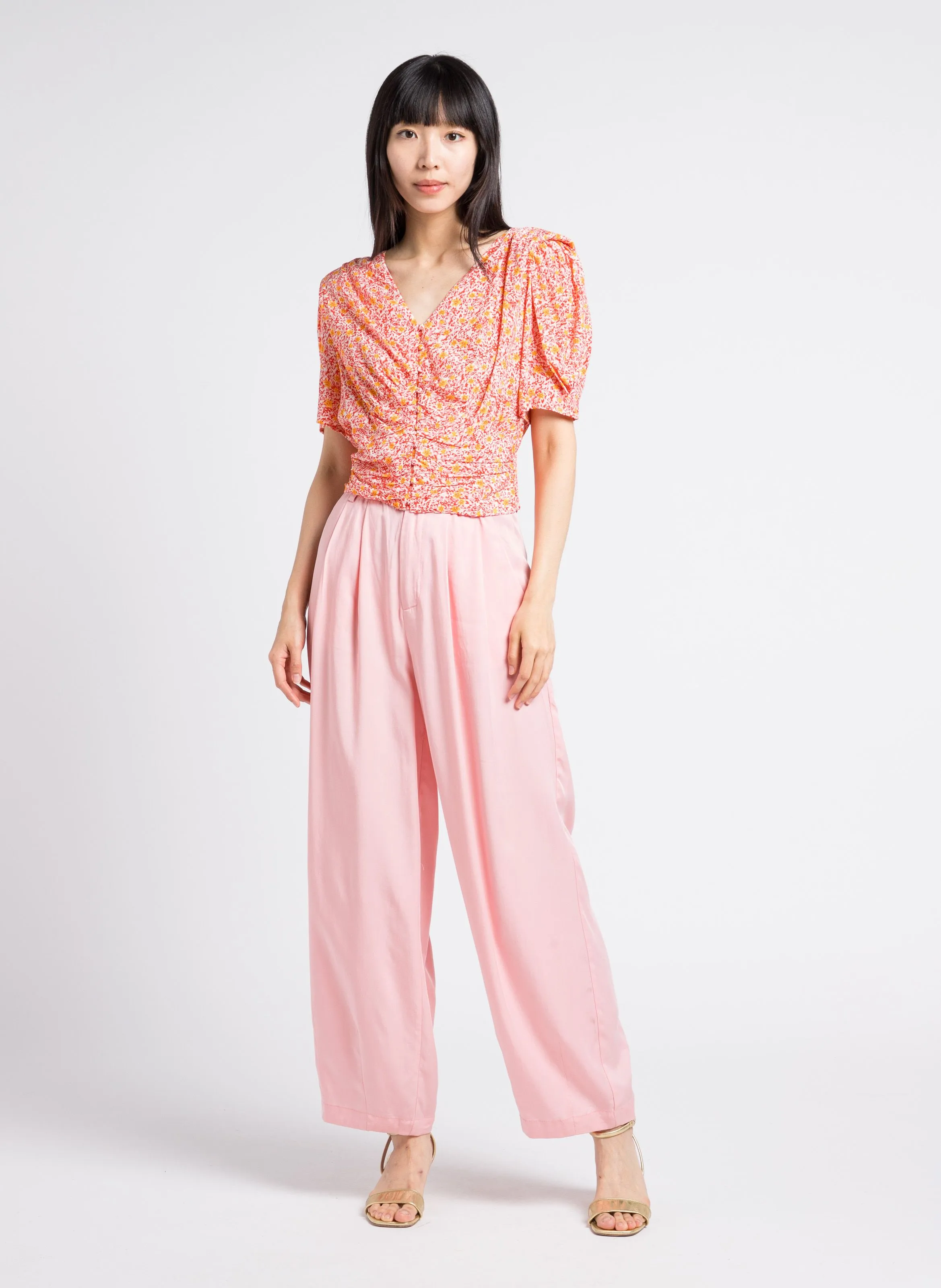 Pantalón recto vaporoso de talle alto elástico en rosa
